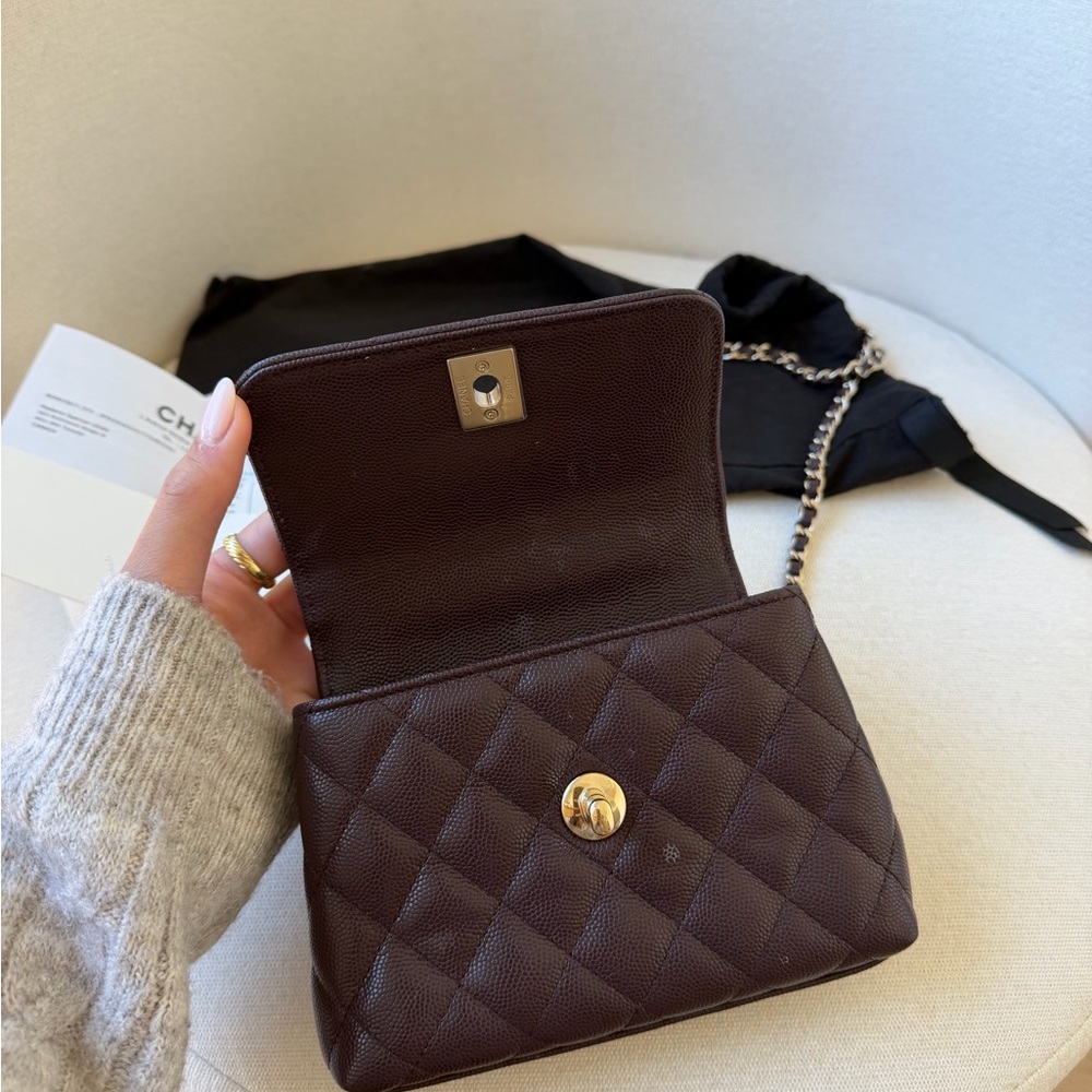 CHANEL Mini Coco Handle Flap Bag Burgundy Caviar Gold With Receipt - Picture 7 of 10